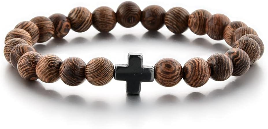 Wood bead bracelet with cross accent