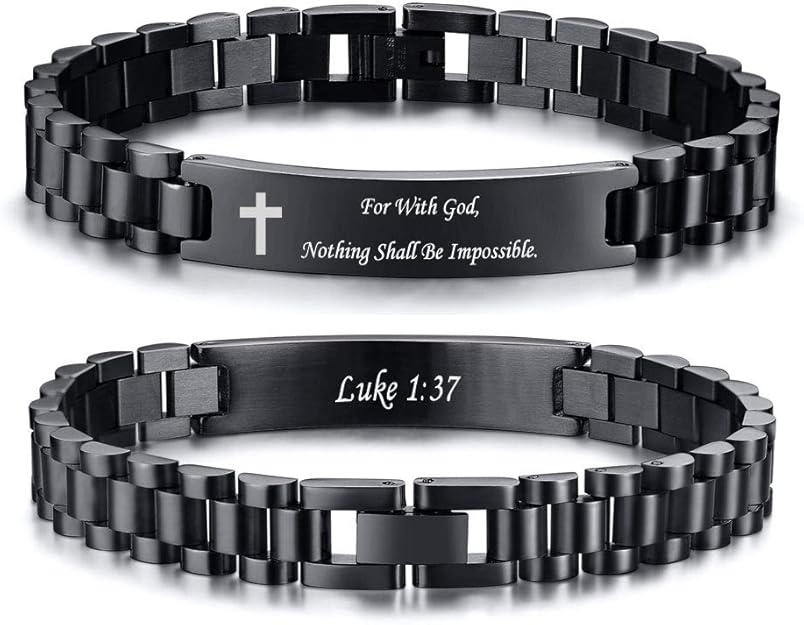 Men’s Christian black stainless steel bracelet engraved Luke 1:37