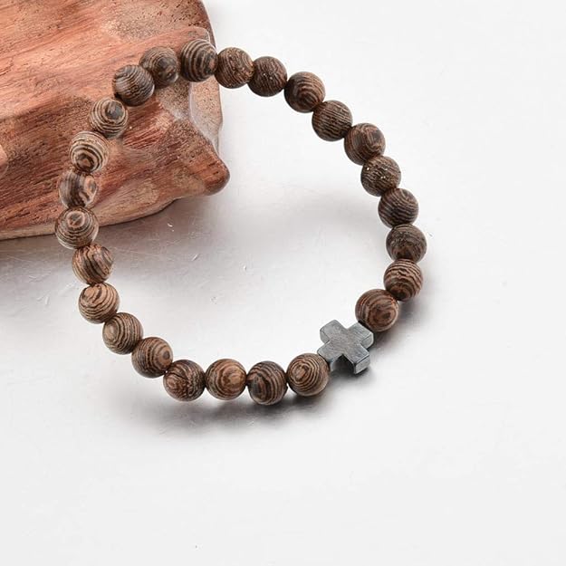 Wood bead bracelet with cross accent