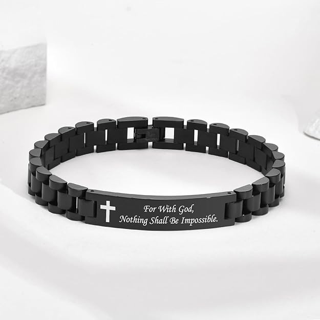 Men’s Christian black stainless steel bracelet engraved Luke 1:37