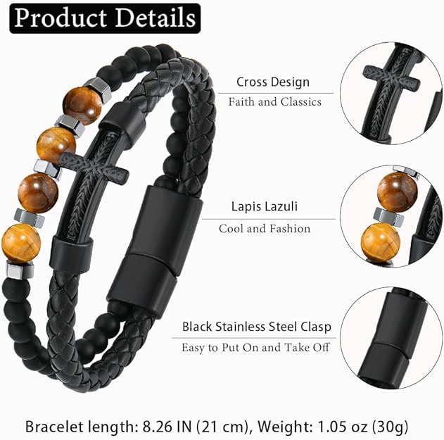 Men’s Black Multi-Layer Cross Leather Bracelet