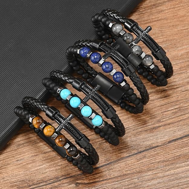 Men’s Black Multi-Layer Cross Leather Bracelet