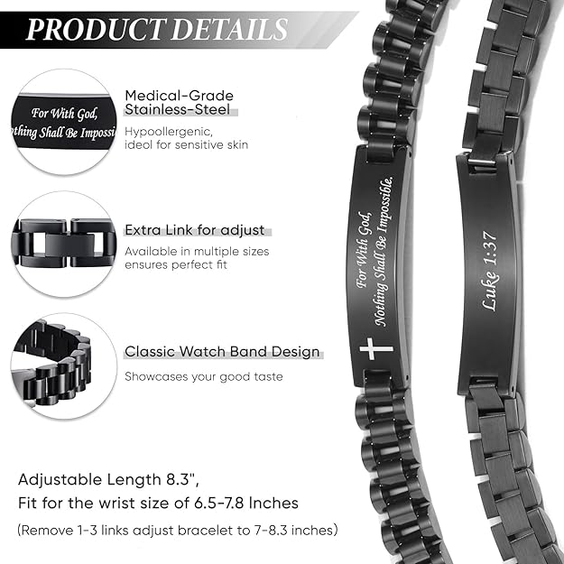 Men’s Christian black stainless steel bracelet engraved Luke 1:37