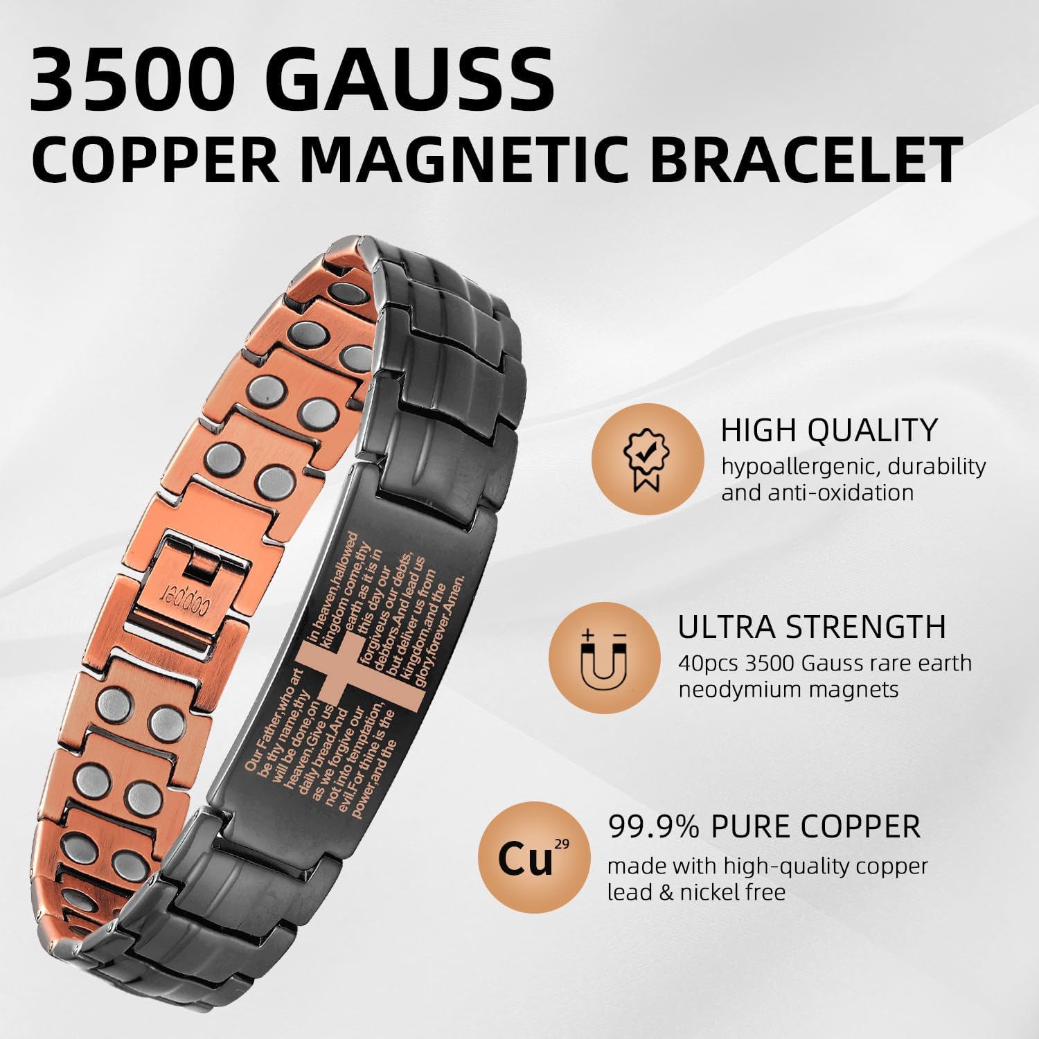 Magnetic copper cross bracelet for men