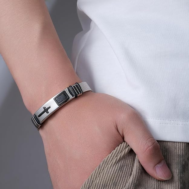 Men’s Adjustable Stainless Steel Mesh Cross Bracelet